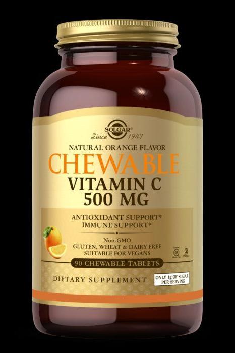 Solgar Chewable Vitamin C 500 mg with orange flavor, 90 tablets for immune support and antioxidant benefits.