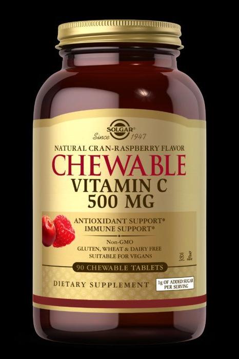 Solgar Chewable Vitamin C 500 mg Cran Raspberry, 90 tablets for immune support and antioxidant benefits.