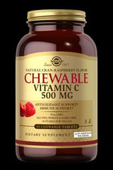 Solgar Chewable Vitamin C 500 mg Cran Raspberry, 90 tablets for immune support and antioxidant benefits.