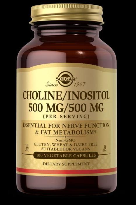 Solgar Choline/Inositol 500mg capsules for nerve function and fat metabolism, vegan, 100 count.