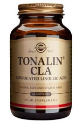 Solgar Tonalin CLA 1300 mg dietary supplement in a brown bottle, 60 softgels, promotes fat burning and muscle support.