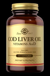 Solgar Cod Liver Oil vitamins A&D dietary supplement in a 100 softgel bottle.