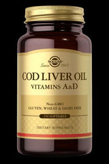 Solgar Cod Liver Oil with Vitamins A&D softgels in a brown bottle, non-GMO and gluten-free, dietary supplement.
