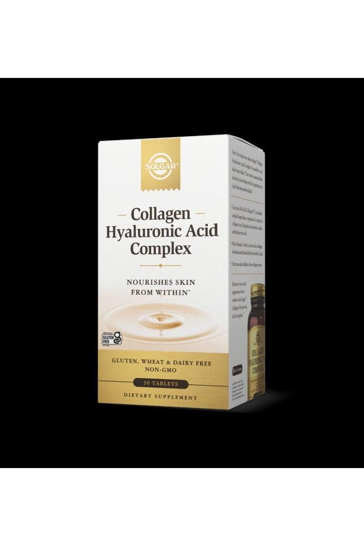 Solgar Collagen Hyaluronic Acid Complex packaging, dietary supplement for skin hydration and elasticity.