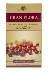 Solgar Cran Flora supplement box featuring cranberry, Ester-C, and 60 vegetable capsules for urinary health support.