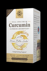 Solgar Curcumin Full Spectrum vegan supplement box highlighting superior absorption and antioxidant benefits.