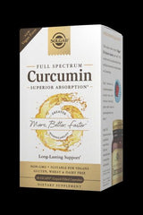 Solgar Curcumin Full Spectrum vegan supplement box highlighting superior absorption and antioxidant benefits.