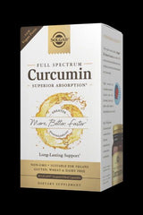 Solgar Curcumin Full Spectrum vegan supplement box highlighting superior absorption and antioxidant benefits.