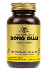 Solgar Dong Quai food supplement in a bottle with 100 vegetable capsules, suitable for vegans.