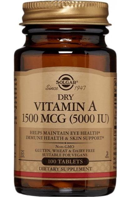 Solgar Dry Vitamin A 1500 MCG 5000 IU dietary supplement in a brown bottle with 100 tablets.