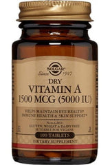 Solgar Dry Vitamin A 1500 MCG 5000 IU dietary supplement in a brown bottle with 100 tablets.