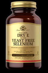 Solgar Dry Vitamin E with Yeast Free Selenium, 100 vegetable capsules, advanced antioxidant support for immune health.