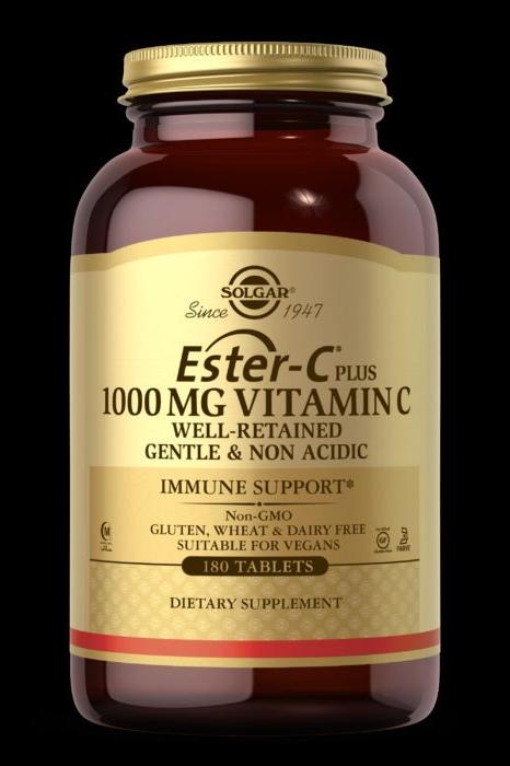 Solgar Ester-C Plus Vitamin C 1000 mg supplement bottle with 180 tablets for immune support, gluten-free and vegan-friendly.