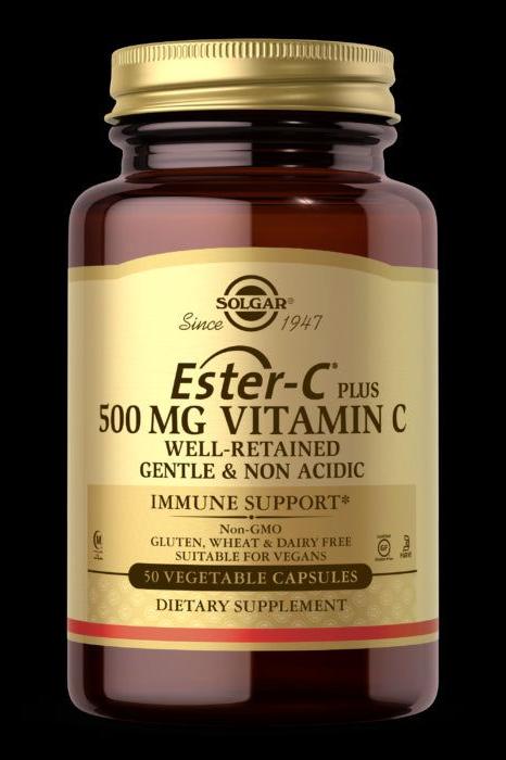 Solgar Ester-C Plus 500 mg Vitamin C supplement bottle for immune support, featuring 50 vegetable capsules.