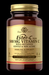 Solgar Ester-C Plus 500 mg Vitamin C supplement bottle for immune support, featuring 50 vegetable capsules.