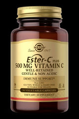 Solgar Ester-C Plus 500 mg Vitamin C supplement bottle for immune support, featuring 50 vegetable capsules.