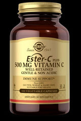 Solgar Ester C Plus 500 mg Vitamin C dietary supplement in a bottle with 100 vegetable capsules for immune support.