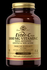 Solgar Ester-C Plus Vitamin C supplement bottle with 1000 mg, 90 tablets for immune support and non-acidic formula.