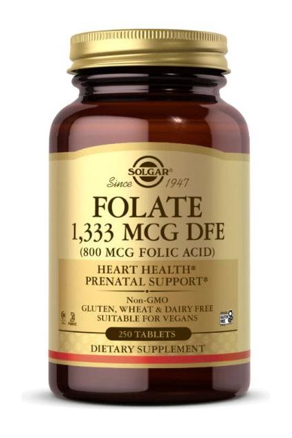 Solgar Folate 1333 Mcg Dfe dietary supplement bottle with 250 tablets, promoting heart health and prenatal support.
