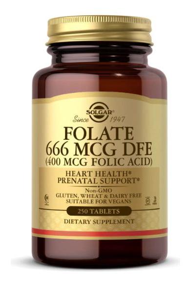 Solgar Folate 666 Mcg DFE supplement bottle, 250 tablets for heart health and prenatal support.
