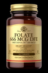 Solgar Folate (Metafolin) dietary supplement for heart health, 100 tablets in a brown bottle, gluten-free and vegan.