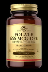 Solgar Folate (Metafolin) dietary supplement for heart health, 100 tablets in a brown bottle, gluten-free and vegan.
