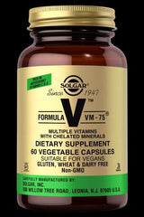 Solgar Formula VM-75 dietary supplement bottle with vitamins, minerals, and antioxidants in 60 vegetable capsules.