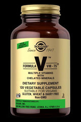 Solgar Formula VM-75 dietary supplement bottle with 120 vegetable capsules, supports health with vitamins and minerals.