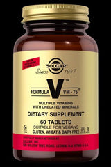 Solgar Formula Vm-75 dietary supplement bottle, containing multiple vitamins and chelated minerals, 60 tablets.