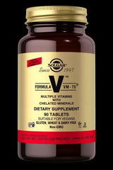 Solgar Formula VM-75 dietary supplement bottle with 90 tablets, supporting health with vitamins and minerals.