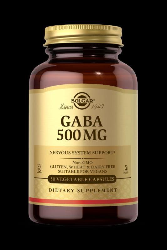 Solgar GABA 500 mg dietary supplement in a glass bottle with 50 vegetable capsules.