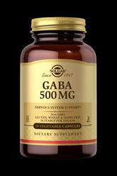 Solgar GABA 500 mg dietary supplement in a glass bottle with 50 vegetable capsules.