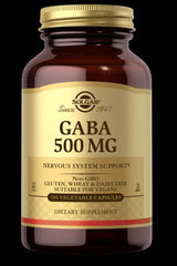 Solgar GABA 500 mg dietary supplement bottle with 100 vegetable capsules for nervous system support.