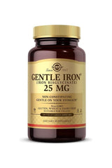 Solgar Gentle Iron 25 mg dietary supplement in a brown bottle with a gold lid, labeled non-constipating.