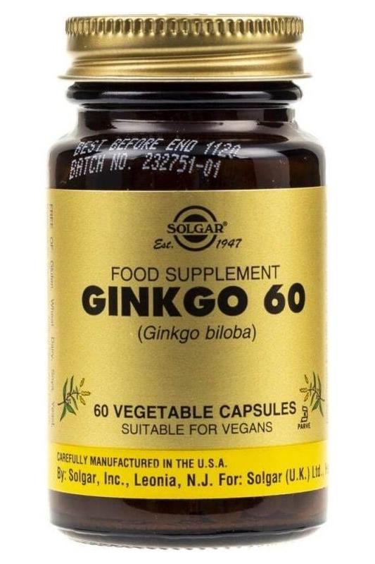 Solgar Ginkgo Biloba supplement bottle with 60 vegetable capsules, suitable for vegans.