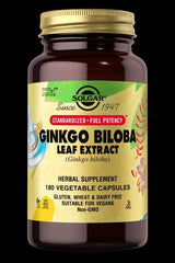 Solgar Ginkgo Biloba Leaf Extract supplement bottle with 180 vegan capsules for cognitive support and circulation.