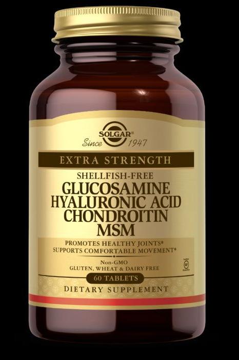 Solgar glucosamine hyaluronic acid chondroitin MSM dietary supplement for joint health, 60 tablets.