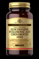 Solgar glucosamine supplement bottle for joint health with hyaluronic acid, chondroitin, and MSM.