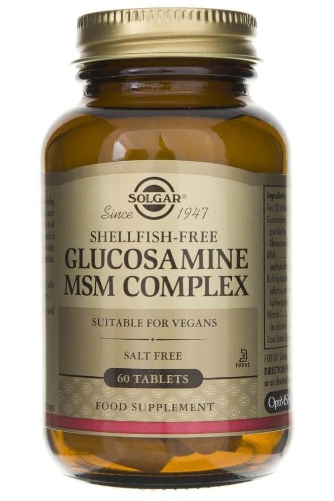 Solgar Glucosamine MSM Complex supplement bottle containing 60 tablets for joint health.