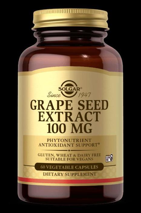 Solgar Grape Seed Extract 100 mg, antioxidant-rich dietary supplement in a brown bottle, 60 vegetable capsules.