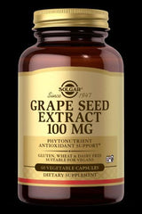Solgar Grape Seed Extract 100 mg, antioxidant-rich dietary supplement in a brown bottle, 60 vegetable capsules.