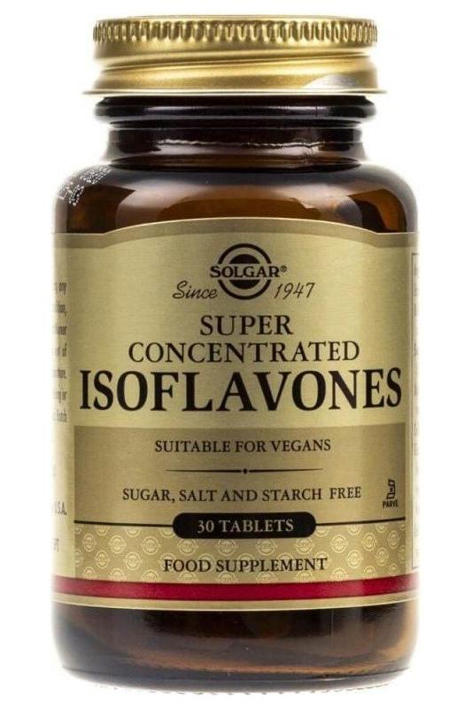 Solgar Isoflavones dietary supplement bottle, 30 vegan tablets, supports hormone balance and heart health.