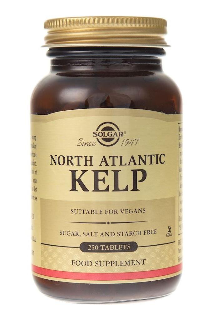 Solgar North Atlantic Kelp supplement bottle, 250 tablets, suitable for vegans, sugar and salt free.