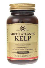 Solgar North Atlantic Kelp supplement bottle, 250 tablets, suitable for vegans, sugar and salt free.