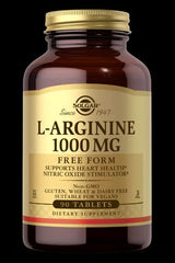 Solgar L-Arginine 1000 Mg supplement bottle with 90 tablets, supports heart health and nitric oxide production.