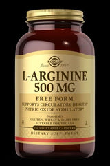 Solgar L-Arginine 500 mg dietary supplement bottle, supports circulatory health, nitric oxide stimulator.