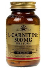Solgar L-Carnitine 500 mg supplement bottle, 60 vegan tablets for energy and fat metabolism.