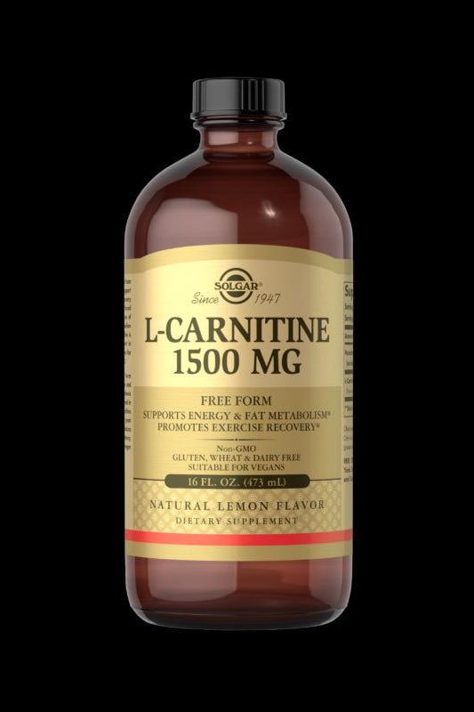 Solgar L-Carnitine 1500 mg liquid supplement for energy, fat metabolism, and exercise recovery, natural lemon flavor.