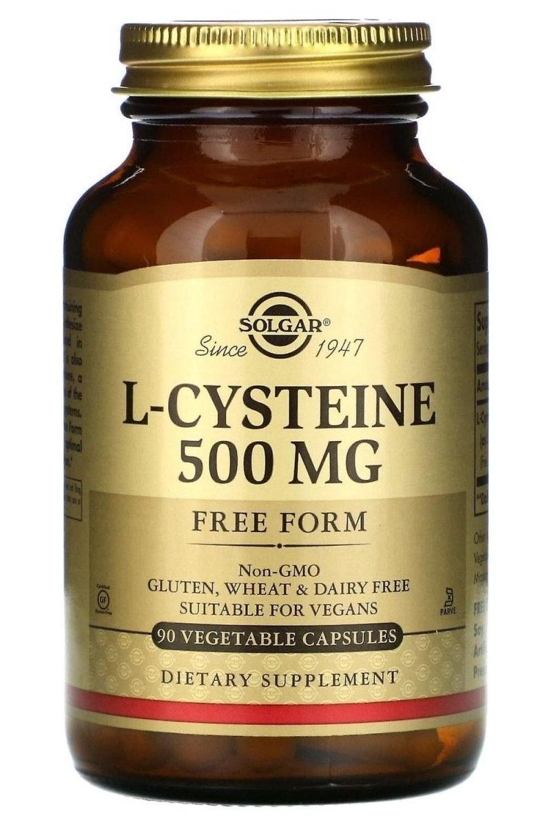 Solgar L-Cysteine 500 mg bottle, dietary supplement with 90 vegetable capsules, non-GMO and vegan-friendly.