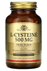 Solgar L-Cysteine 500 mg bottle, dietary supplement with 90 vegetable capsules, non-GMO and vegan-friendly.